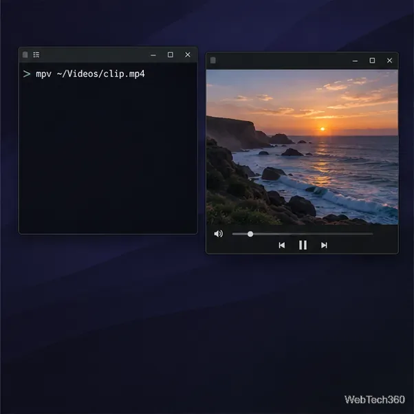 A terminal command, mpv ~/Videos/clip.mp4, beside a small video-player window.