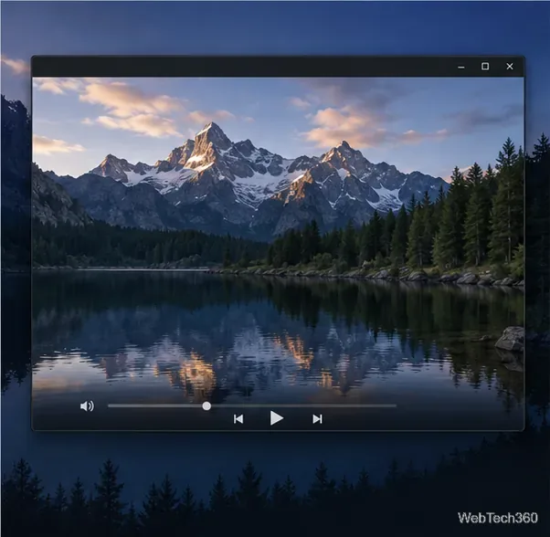 An mpv-style window with a mountain video and basic controls along the lower edge.