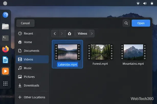 A Linux file chooser with the Videos folder open and one local video selected.