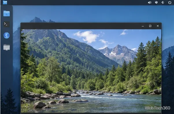 A Linux desktop media window playing a river-and-mountains video.