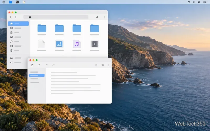 Light Catalina-inspired Linux desktop mockup with file manager windows over a coastal wallpaper