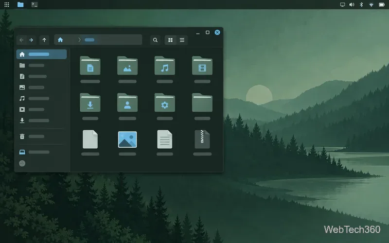 Forest-green Linux desktop mockup with blue-selected file manager controls and woodland wallpaper