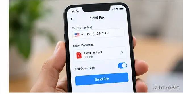 PDF添付ファイルと送信ボタンが表示された、ファックス作成画面の例をスマートフォンに表示している。
