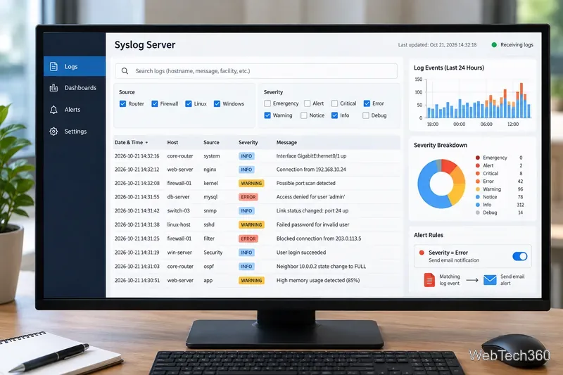 Panel de control genérico de syslog que muestra filtros de origen, niveles de gravedad, búsqueda de eventos, gráficos y reglas de alerta.