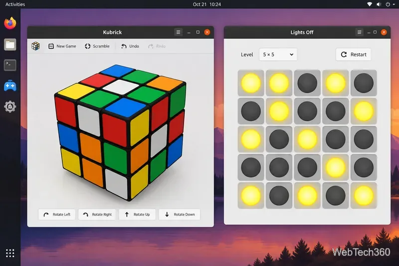 Linux desktop showing a Kubrick cube puzzle beside a Lights Off light-switch grid