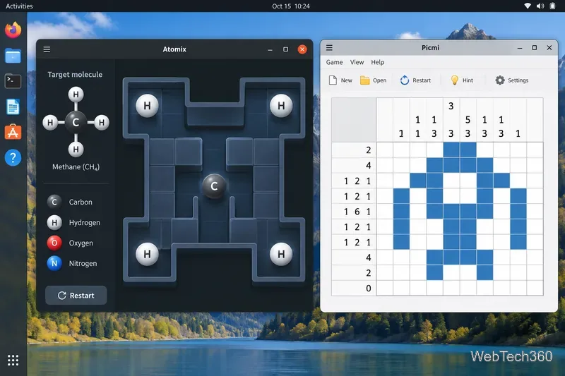 Linux desktop showing an Atomix molecule puzzle beside a Picmi nonogram grid