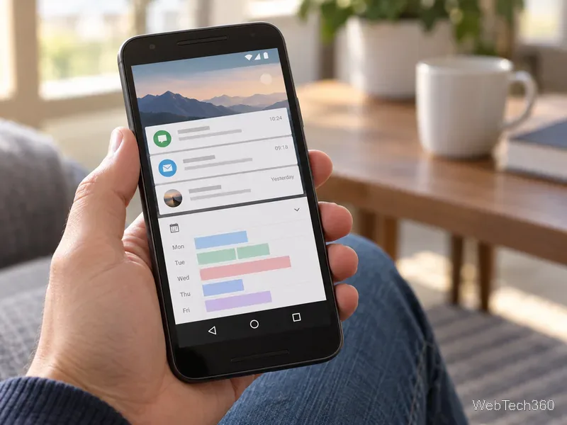 Uma mão segura um telefone Android, exibindo cartões de notificação genéricos acima de um calendário semanal.