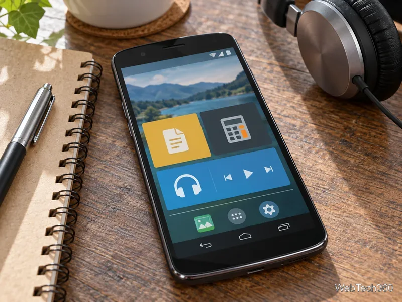 Um celular Android genérico sobre uma mesa exibe controles de arquivos grandes, calculadora e mídia, ao lado de um caderno e fones de ouvido.