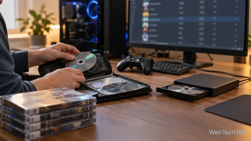 A person places an optical game disc beside an external disc drive, with a PC and controller behind it.