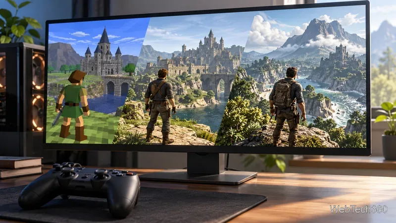Three generic game scenes on a PC monitor show a shift from blocky low-poly graphics to detailed HD visuals.