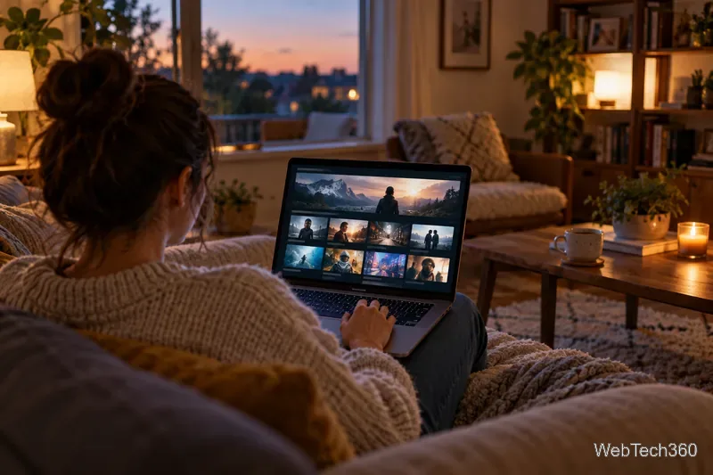 Ein Zuschauer durchstöbert zu Hause auf seinem Laptop eine allgemeine Filmauswahl.