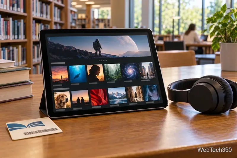 Ein Tablet mit einem allgemeinen Filmkatalog liegt auf einem Bibliothekstisch neben Kopfhörern und einem Bibliotheksausweis.