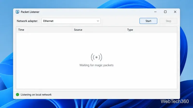 A generic packet-listener window with an Ethernet adapter selected and an empty log waiting for magic packets