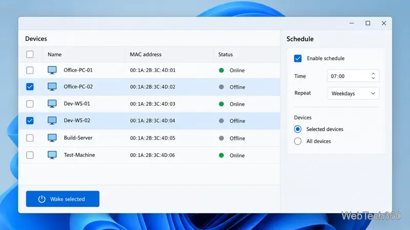 A generic network administration window showing selected PCs, MAC addresses, online status, and a recurring wake schedule