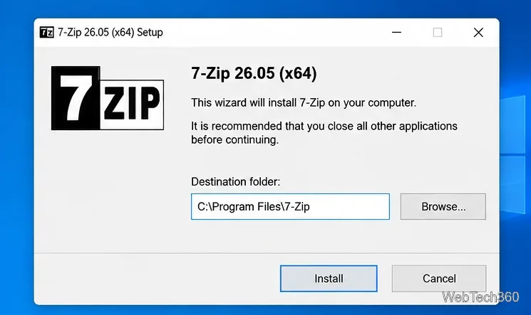 Finestra di installazione di 7-Zip 26.05 x64 su Windows 10 con il pulsante Installa