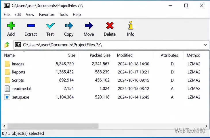 7-Zip File Manager mostra le cartelle e i file contenuti in un archivio ProjectFiles.7z
