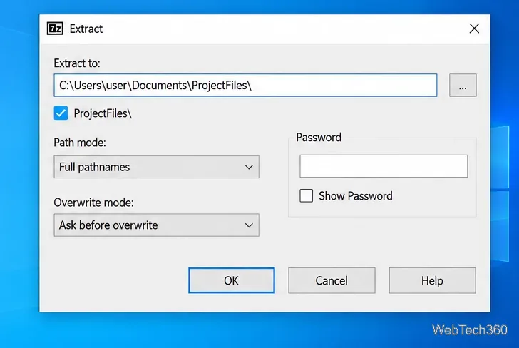Finestra di dialogo di estrazione di 7-Zip che mostra la cartella di destinazione, la modalità di sovrascrittura e il campo della password.