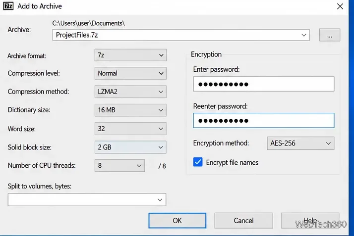 Finestra "Aggiungi all'archivio" di 7-Zip con campi password, AES-256 e crittografia dei nomi dei file abilitati.