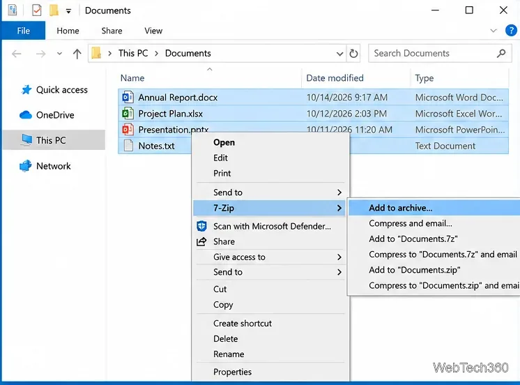 Menu contestuale di Esplora file di Windows 10 con 7-Zip e Aggiungi all'archivio selezionati