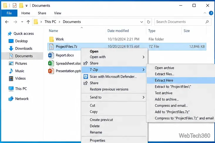Menu contestuale di Windows 10 per un archivio ProjectFiles.7z con l'opzione "Estrai qui" evidenziata.