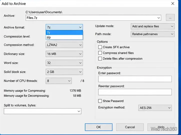 Finestra di dialogo "Aggiungi all'archivio" di 7-Zip che mostra le opzioni di formato 7z e ZIP, LZMA2 e le impostazioni di compressione.