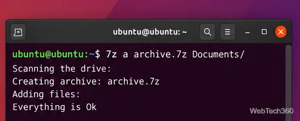 Ubuntu Terminal crea l'archivio .7z dalla cartella Documenti utilizzando il comando 7z