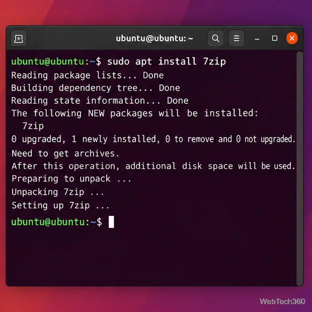 Installazione del pacchetto 7zip tramite apt in Ubuntu Terminal