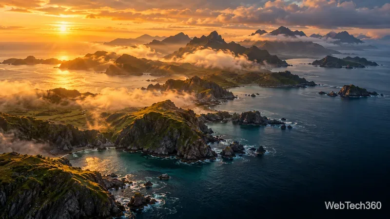 夕暮れ時の険しい島の海岸線を上空から捉えた眺め。空撮ビデオのスクリーンセーバー映像をイメージした画像。