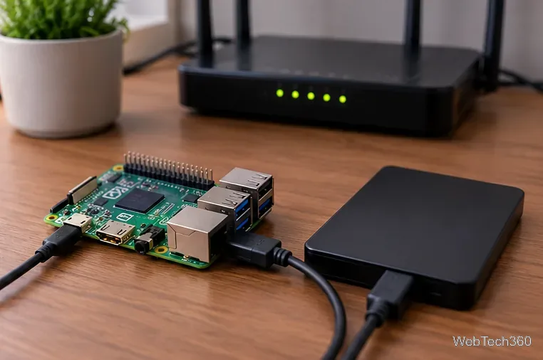 USB接続の外付けSSDとホームネットワークルーターを備えたRaspberry Piボード
