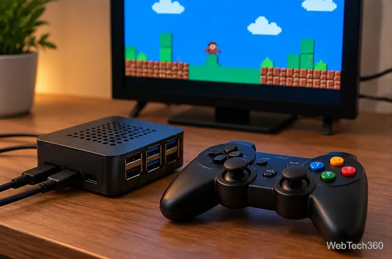 コントローラーとモニターに表示されたピクセルスタイルのゲーム画面の横に置かれた、コンパクトなRaspberry Piを使ったレトロゲームセットアップ。