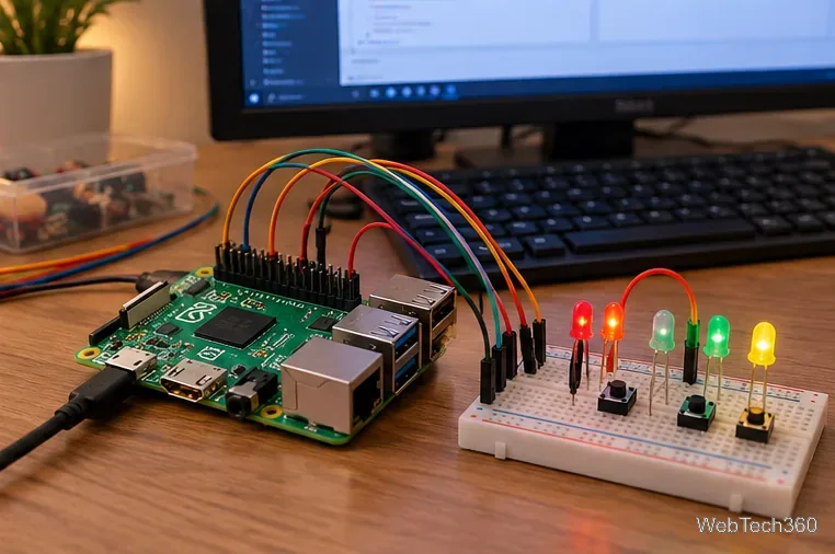 ジャンパー線でLEDとブレッドボード上のプッシュボタンに接続されたRaspberry Piボード