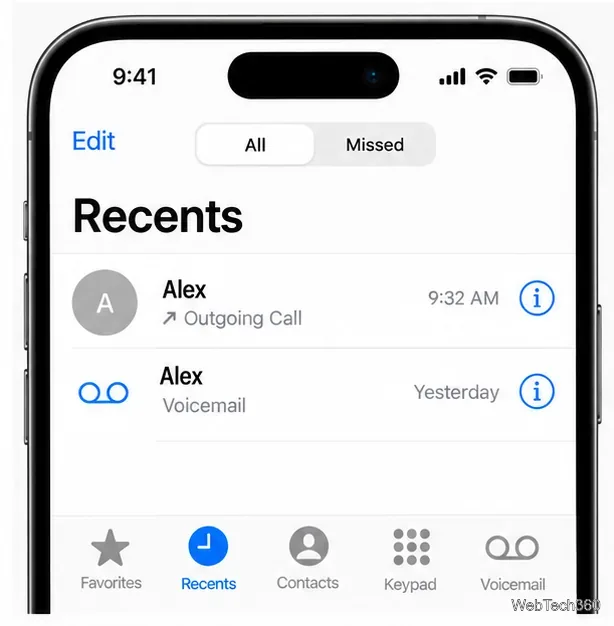 A tela de "Recentes" de um iPhone mostra uma chamada efetuada e uma mensagem de voz para o mesmo contato.
