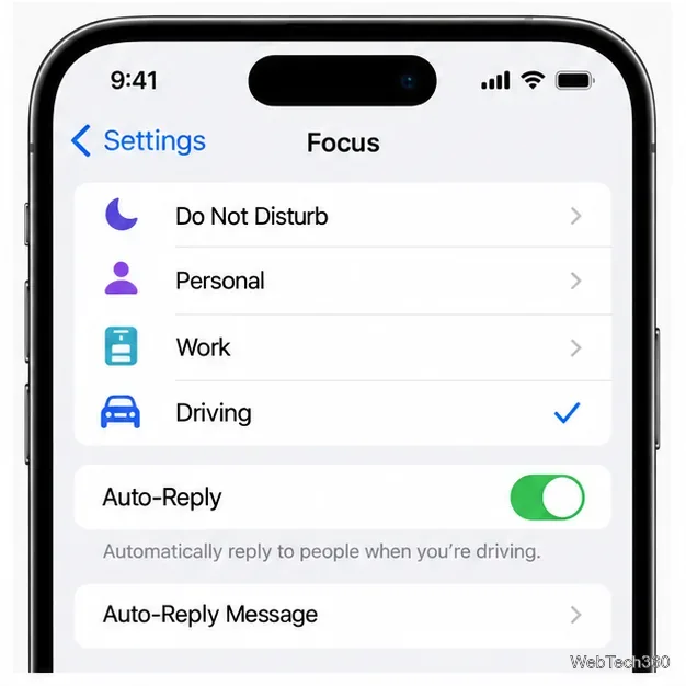 Tela de configurações do iPhone Focus com a opção "Dirigir" selecionada e a opção "Resposta automática" ativada.