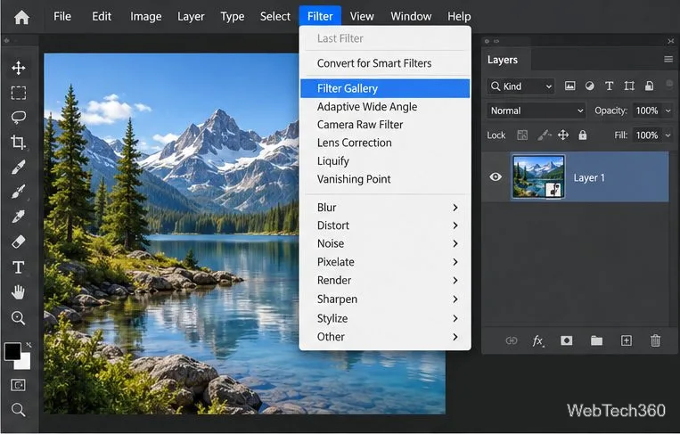 O menu Filtro do Photoshop abre com a Galeria de Filtros destacada acima das categorias de filtro.