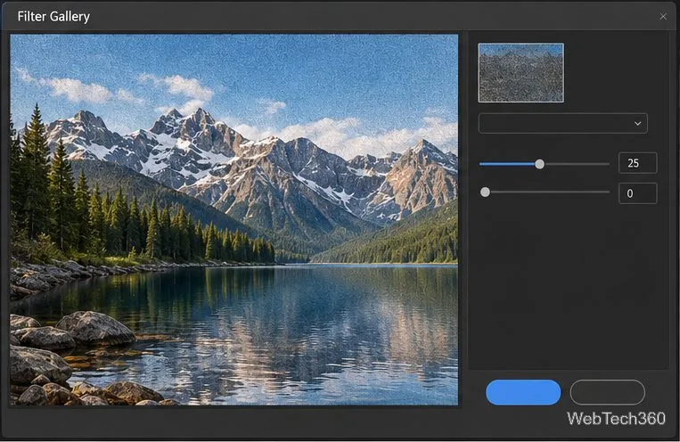 Uma prévia da Filter Gallery de um lago na montanha com granulação fina visível no céu e na água.