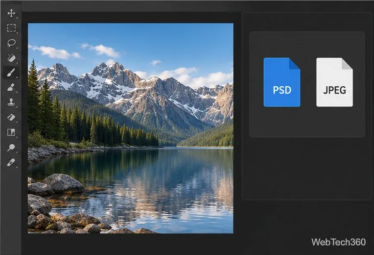 Uma imagem finalizada de um lago na montanha em um espaço de trabalho estilo Photoshop, ao lado de ícones nos formatos de arquivo PSD e JPEG.