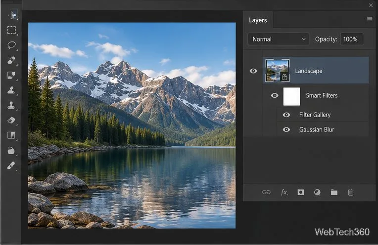 Um Objeto Inteligente de paisagem expandido no painel Camadas para mostrar seus Filtros Inteligentes, incluindo Galeria de Filtros e Desfoque Gaussiano.