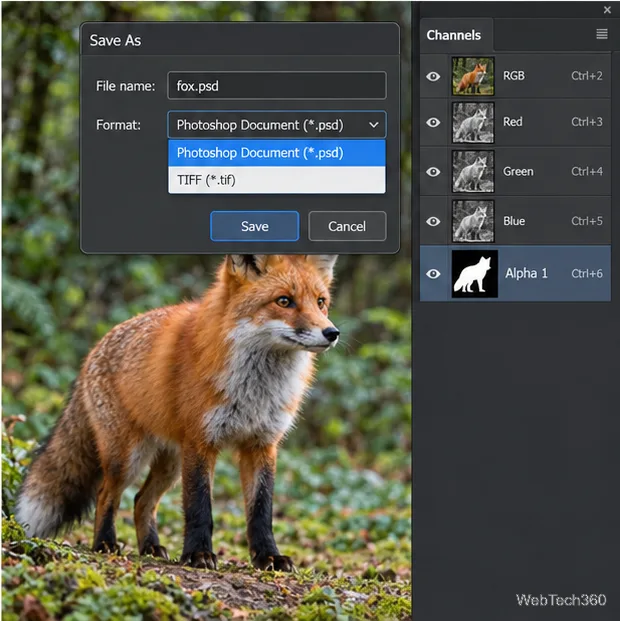 Uma caixa de diálogo "Salvar como" no estilo do Photoshop, listando PSD e TIFF ao lado de um painel de Canais com Alfa 1.
