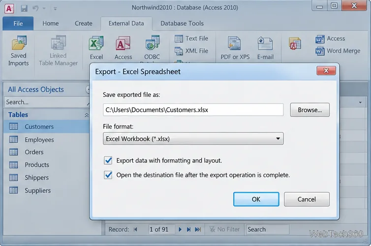 Access 2010 のエクスポート - Excel スプレッドシート ダイアログで、保存先として Customers.xlsx と書式設定およびブックを開くオプションが表示されます。