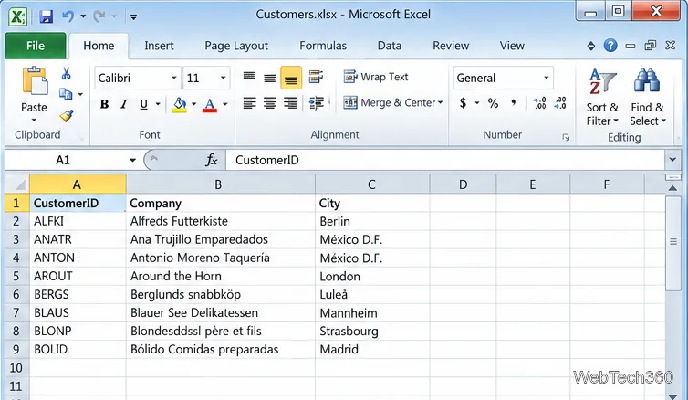 Excel 2010 ワークブックのワークシートに、エクスポートされた顧客 ID、会社名、都市名が表示されています。