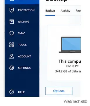 Acronis True Image 2021バックアップ画面のイラスト。選択されたコンピュータとオプションコントロールが表示されています。