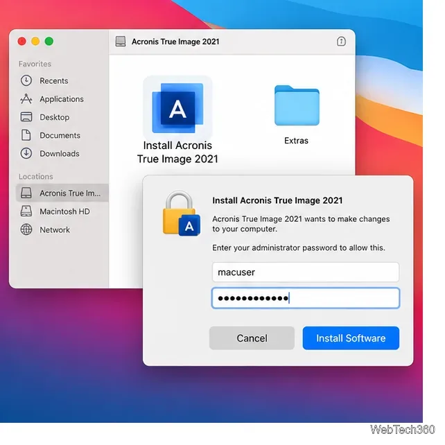Acronis True Image 2021 Macインストーラーと管理者認証プロンプトの図解