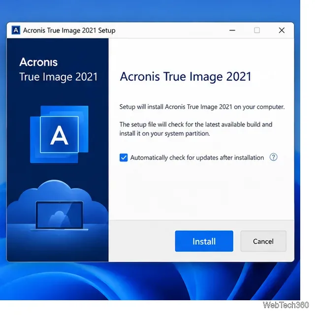 Acronis True Image 2021 Windows セットアップウィンドウ(インストールボタン付き)のイラスト