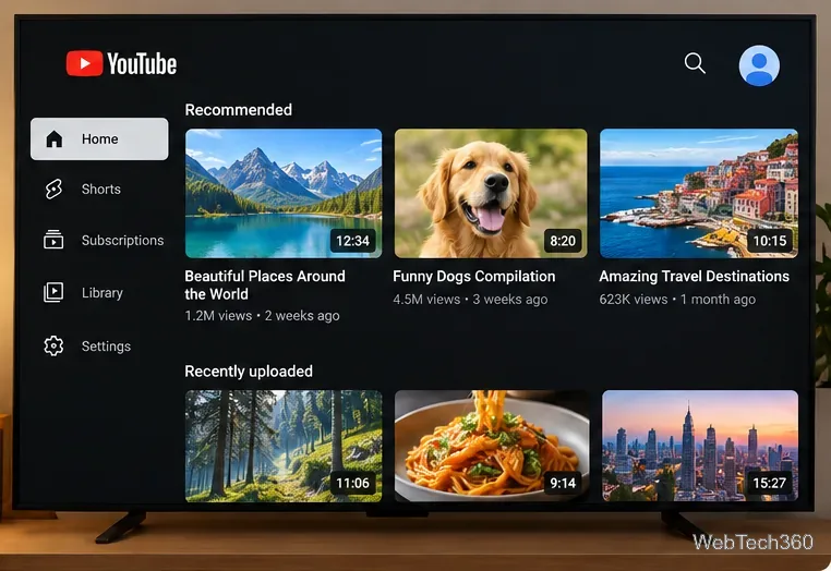 YouTube TVのホーム画面（サインイン後）には、プロフィールアイコン、登録チャンネル、ライブラリ、おすすめ動画が表示されます。