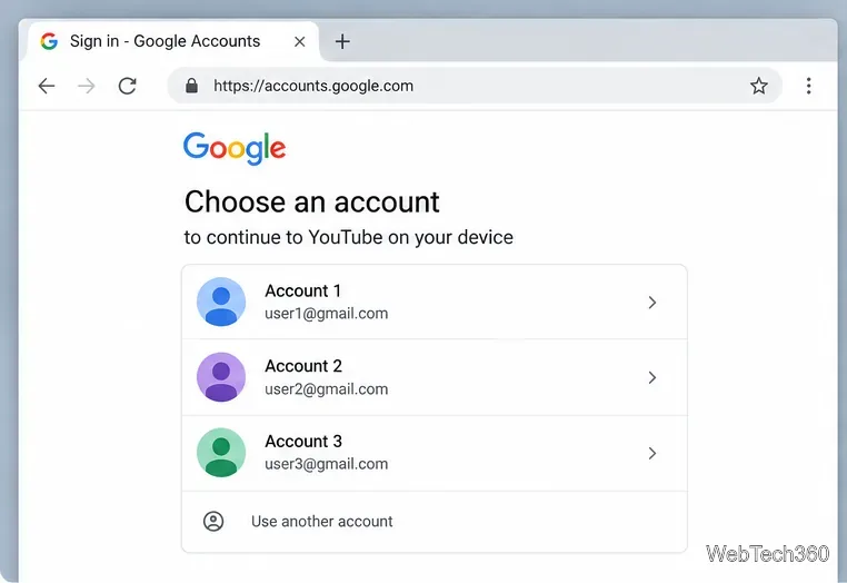 テレビでYouTubeにログインするアカウントを選択するためのGoogleアカウント選択ページ