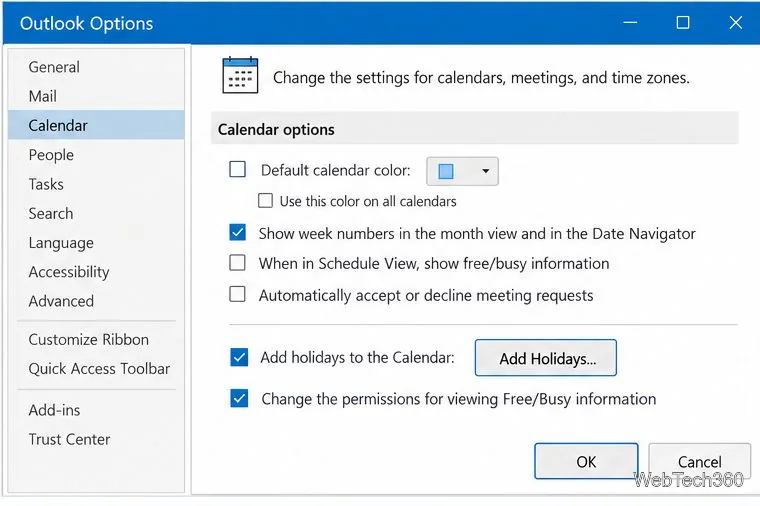 Exemple de page d'options du calendrier Outlook classique avec le bouton « Ajouter les jours fériés ».
