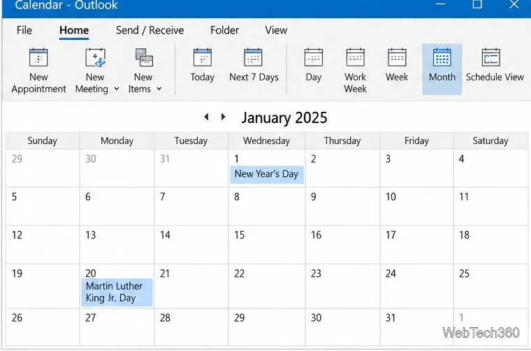 Illustration d'une vue mensuelle classique d'Outlook montrant le jour de l'An et le jour de Martin Luther King Jr. comme entrées de calendrier.