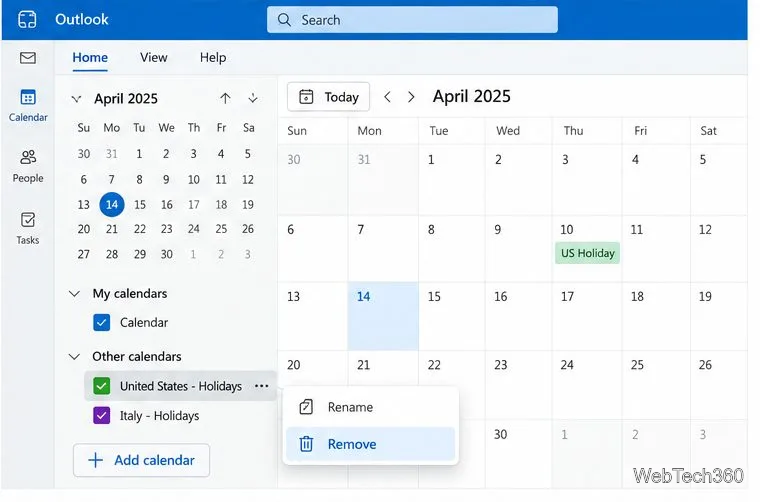 Liste de calendriers à titre d'exemple, avec la commande Supprimer ouverte pour un calendrier de jours fériés.