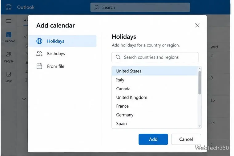 Exemple : Ajouter une fenêtre de calendrier avec les jours fériés sélectionnés et une liste consultable de pays et de régions.