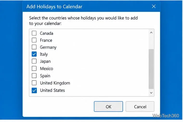Exemple de boîte de dialogue « Ajouter des jours fériés au calendrier » avec l'Italie et les États-Unis sélectionnés.